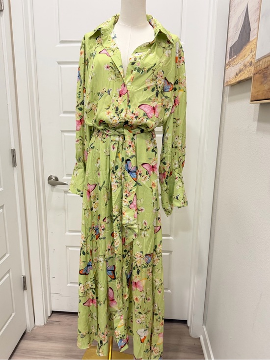 OO LALA Dresses & Skirts - OO LALA Light Green Floral & Butterfly Maxi Shirt Dress
